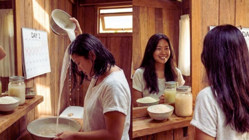 Women Using Rice Water Hair Rinse